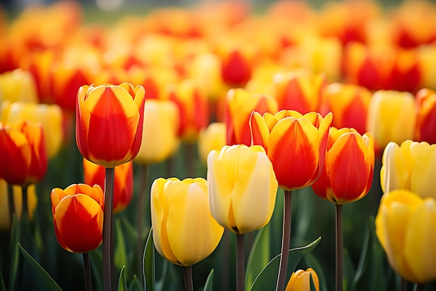 Un champ de tulipes jaunes et rouges