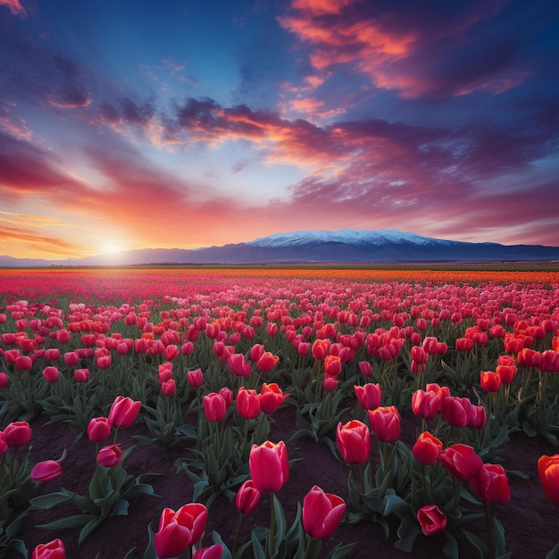 Un champ de tulipes avec une montagne en arrière-plan.