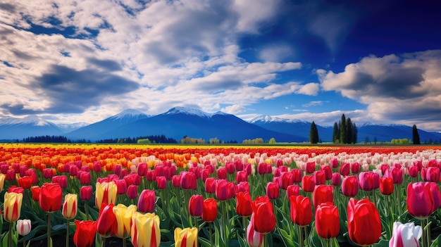 Un champ de tulipes avec des montagnes en arrière-plan.