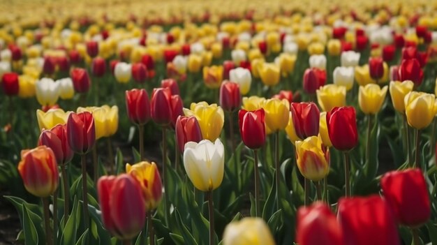 Un champ de tulipes avec l'une des nombreuses couleurs des tulipes.