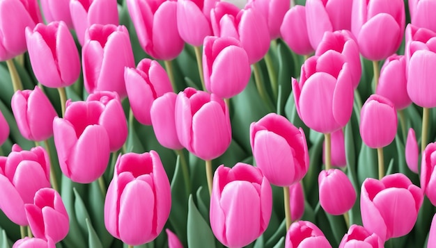 Un champ de tulipes roses aux feuilles vertes