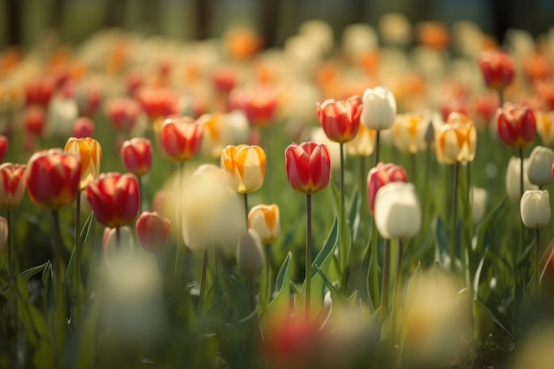 Champ de tulipes rouges jaunes et blanches colorées champ de nombreuses fleurs fleurs de printemps