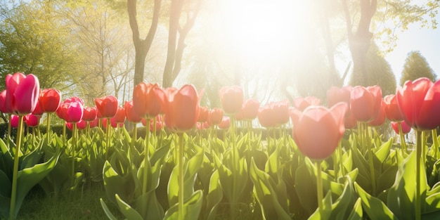 Un champ de tulipes rouges avec le soleil qui brille en arrière-plan.