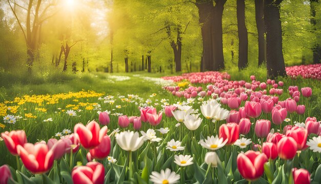 un champ de tulipes avec le soleil qui brille à travers les arbres