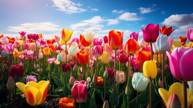 Le champ de tulipes vibrant est un arc-en-ciel de couleurs