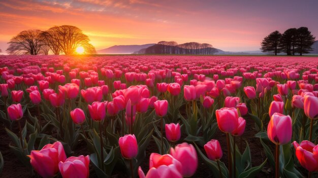 Un champ de tulipes vibrantes dans l'après-midi