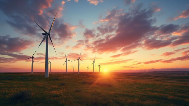 un champ de turbines éoliennes avec le soleil qui se couche derrière elles