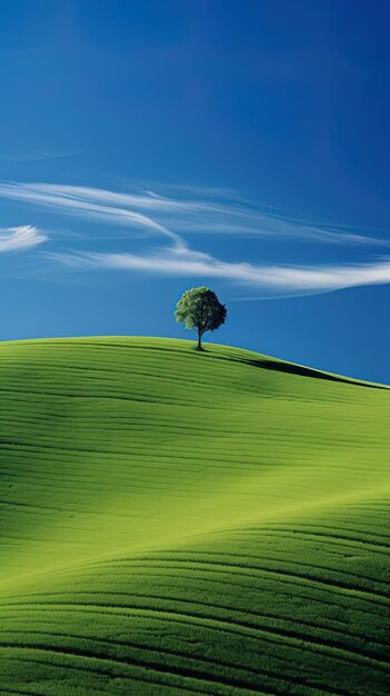 Photo un champ vert avec un arbre au sommet