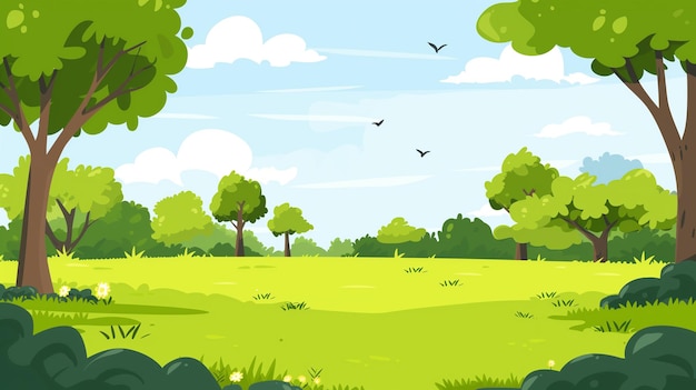 un champ vert avec des arbres et des oiseaux volant dans le ciel