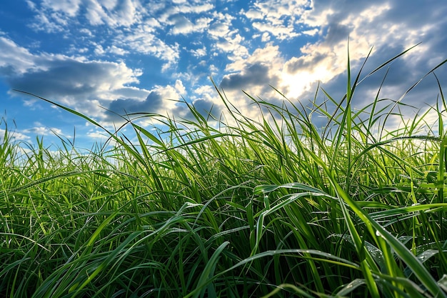 Champ vert de canne à sucre et ciel bleu avec des nuages blancs en arrière-plan