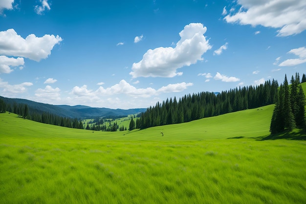 Un champ vert avec un ciel bleu et des arbres en arrière-plan