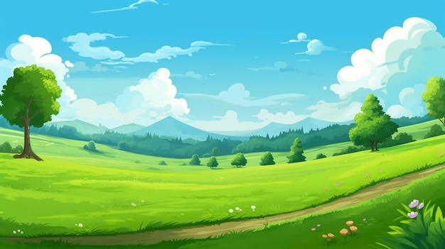 Un champ vert avec un ciel bleu et des montagnes en arrière-plan.