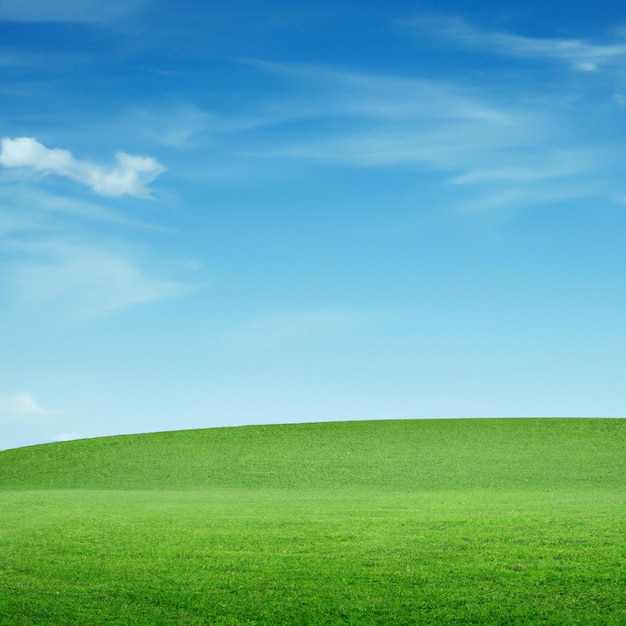 Un champ vert avec un ciel bleu et un nuage blanc