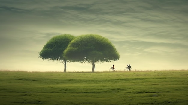 Un champ vert avec deux arbres et un champ vert avec un couple marchant au loin.