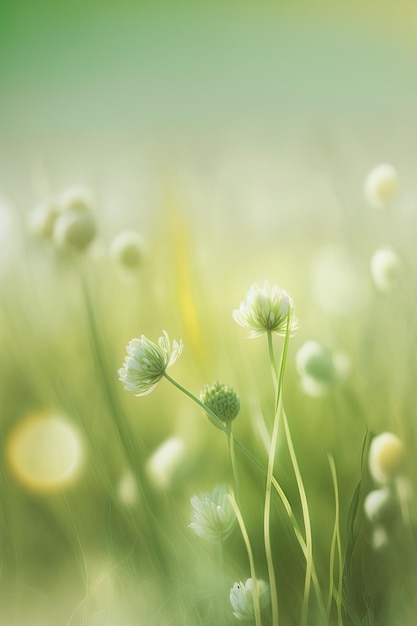 Un champ vert avec des fleurs blanches et un fond vert