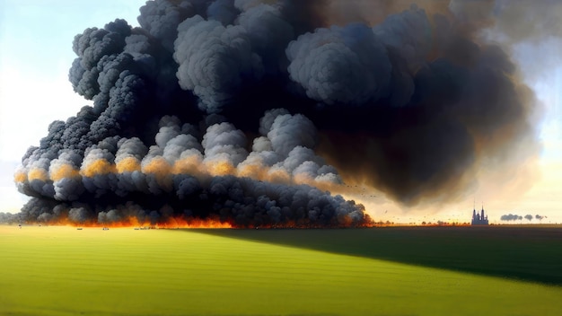 Un champ vert avec un grand feu dans le ciel