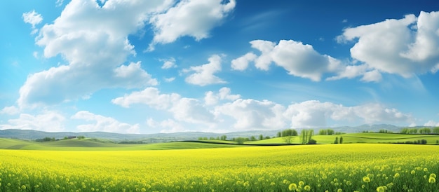 Un champ vert d'herbe de printemps dans un ciel bleu par une journée ensoleillée, image générée par l'IA