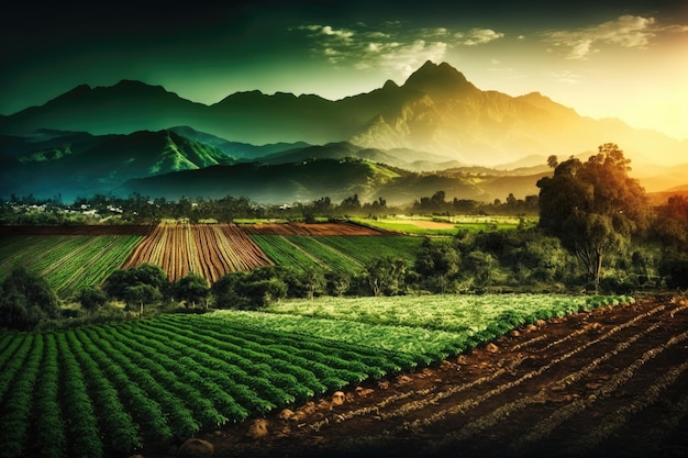 Champ vert avec jardins potagers sur fond de montagnes et soleil couchant créé avec des genres