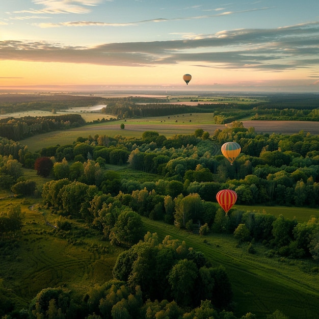 Un champ vert luxuriant avec des ballons à air chaud volant au-dessus du paysage d'été