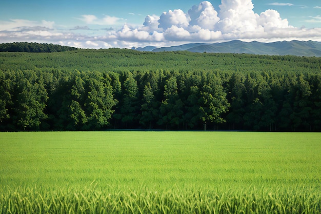 un champ vert luxuriant avec un ciel vert