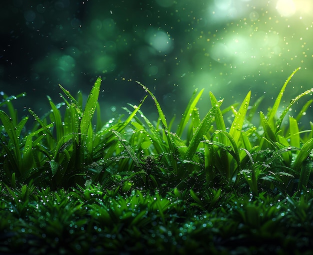 Un champ vert luxuriant avec des gouttes de pluie sur l'herbe Concept de tranquillité et de sérénité alors que la pluie ajoute un effet calmant à la scène