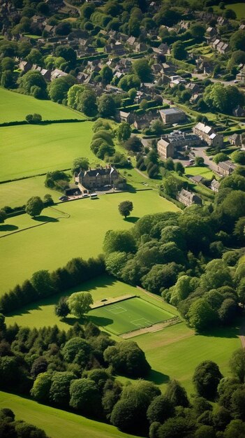 un champ vert avec une maison et des arbres en arrière-plan