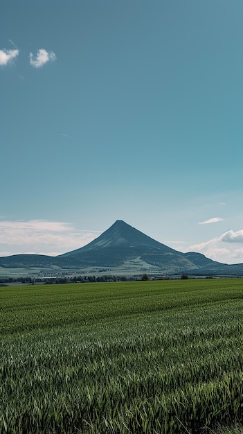 Un champ vert avec des montagnes en arrière-plan