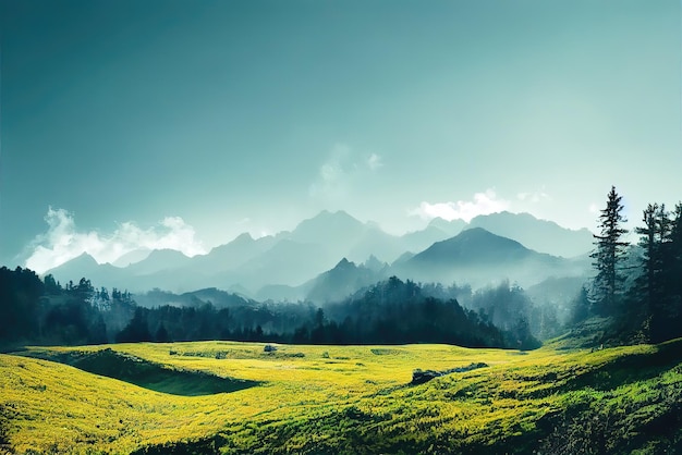 Un champ vert avec des montagnes en arrière-plan