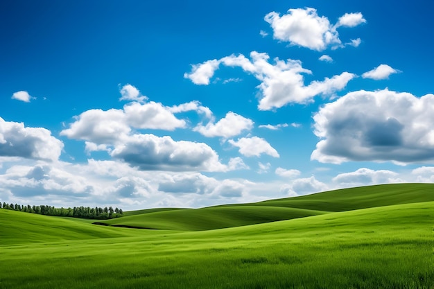 Un champ vert avec des nuages et un ciel bleu autour de lui des décors spectaculaires