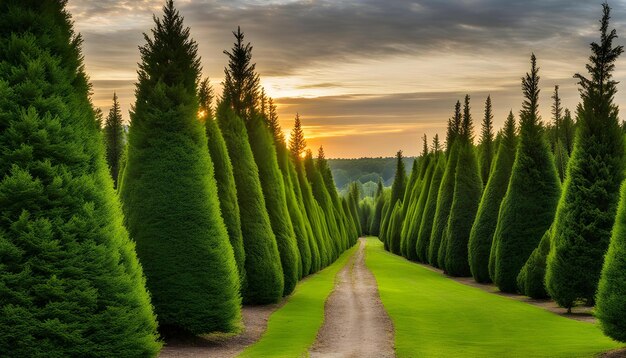 un champ vert avec une route qui a un arbre dedans