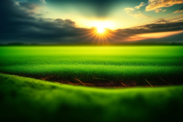 Un champ vert avec le soleil couchant derrière lui
