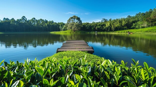Un champ vibrant de feuilles de thé vert s'approche du bord d'un lac vierge reflétant le bleu clair