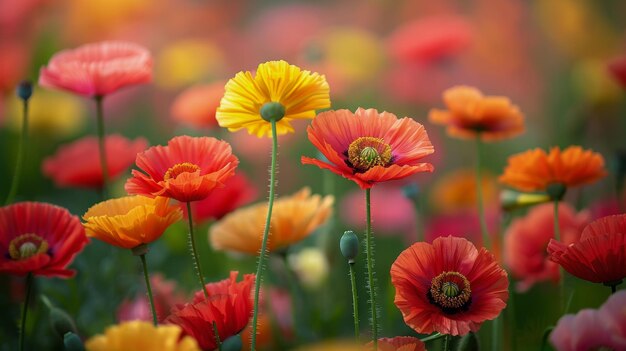 Un champ vibrant de fleurs rouges, jaunes et bleues