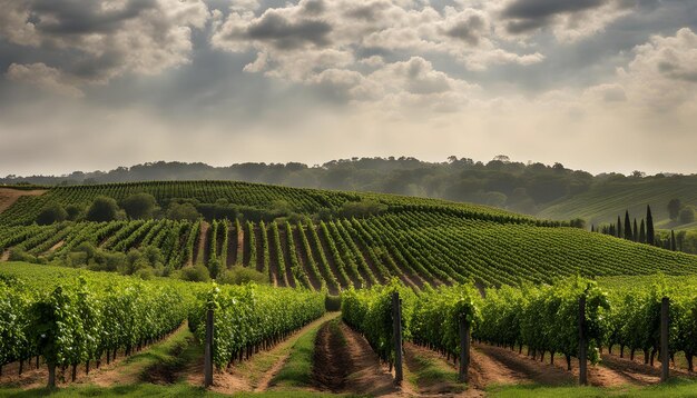 Photo un champ de vignes avec un ciel nuageux en arrière-plan