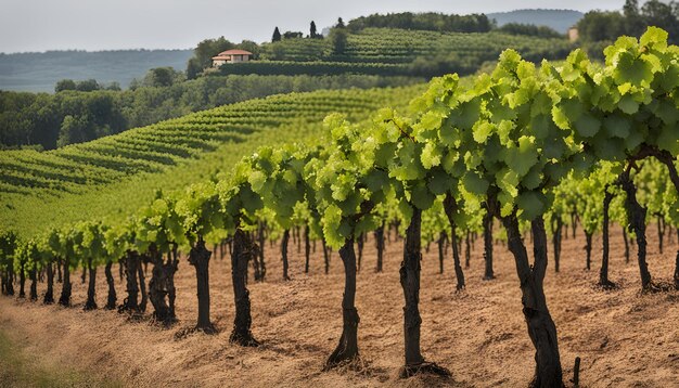 un champ de vignes avec une maison en arrière-plan