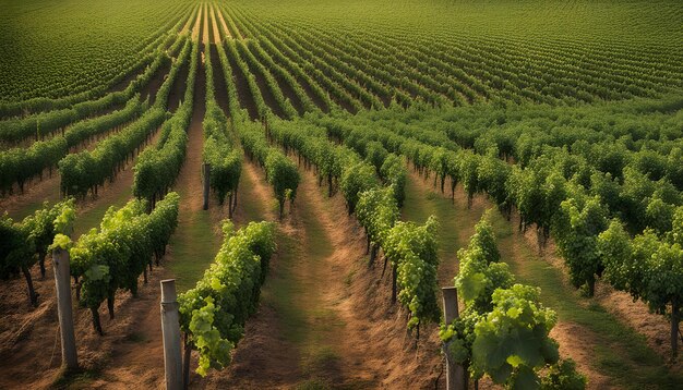 un champ de vignes avec un soleil qui brille sur le dessus