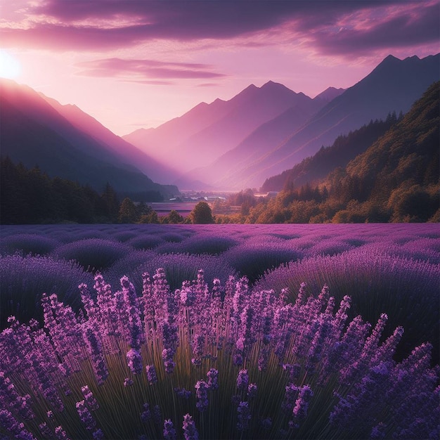 Un champ violet de fleurs de lavande avec des montagnes en arrière-plan