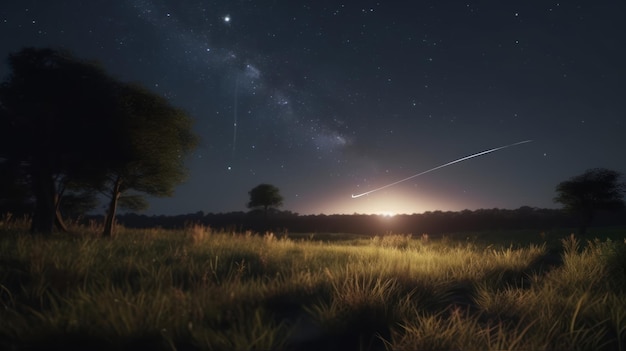 Un champ avec une voie lactée et une galaxie dans le ciel