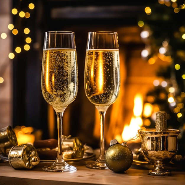 Champagne devant une cheminée lors d'une célébration de la veille des fêtes Joyeux Noël Joyeux Nouvel An et Joyeuses Fêtes souhaits ai génératifs post-traités