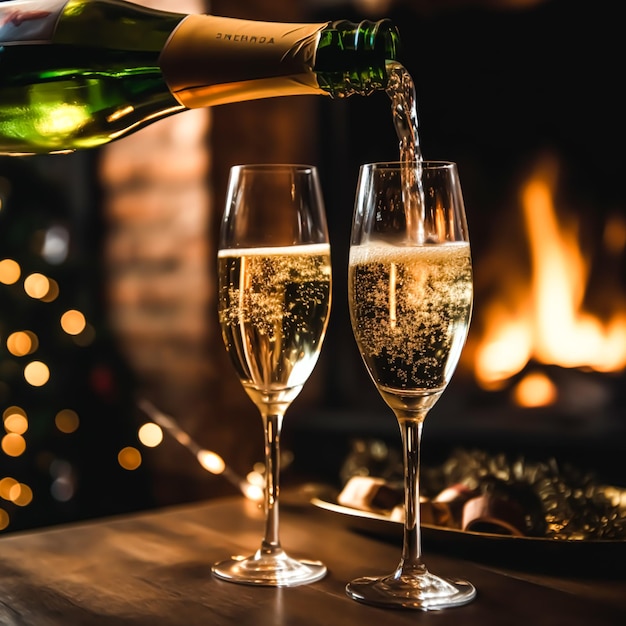 Champagne devant une cheminée lors d'une célébration de veille de vacances Joyeux Noël Bonne Année et Joyeuses Fêtes souhaite ai générative