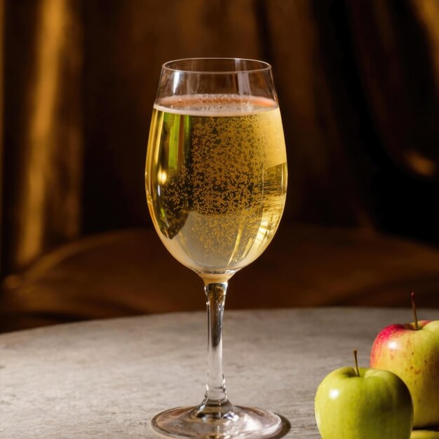 Champagne de laisse de pomme servi dans un magnifique verre de cristal produit cinématographique vibrant