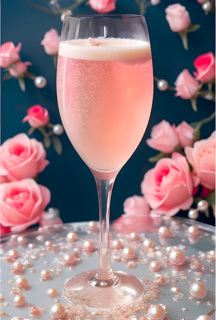 Champagne avec des perles roses sur un fond bleu avec des roses