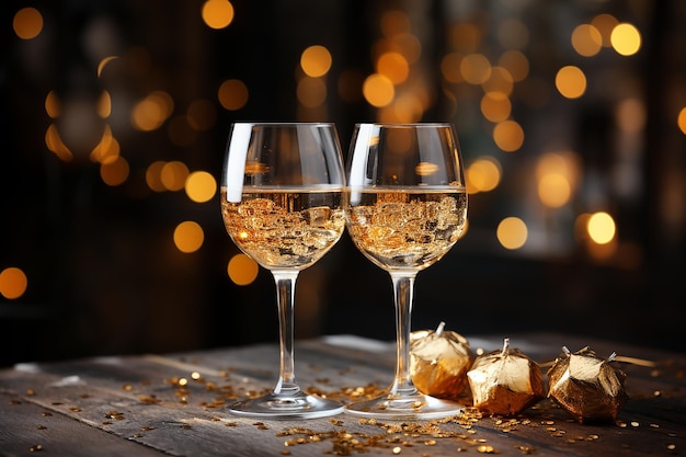 Champagne pour les fêtes de fin d'année avec des bulles pétillantes dorées