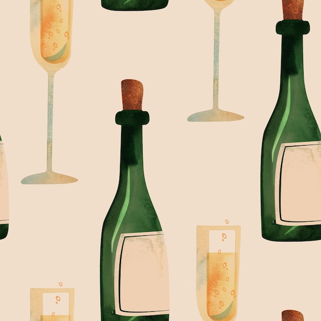 Champagne vin mousseux blanc verres et bouteilles motif sans couture pour textiles et papier d'emballage pour les vacances