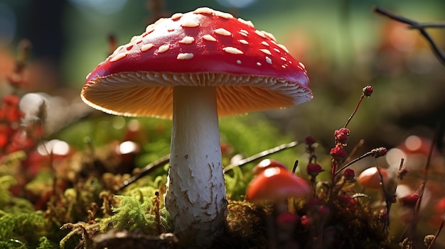 Un champignon agaric mouche rouge est placé sur un fond vert