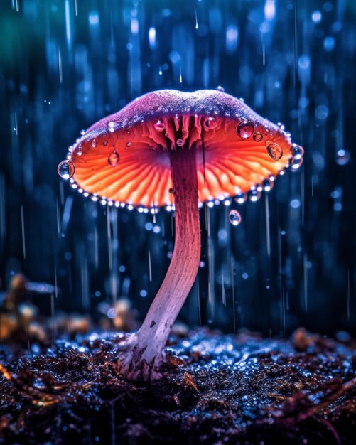 Champignon arafé sous la pluie avec des gouttelettes d'eau dessus ai génératif