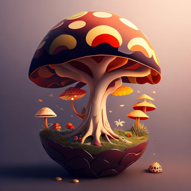 Un champignon avec un arbre dessus est peint dans un style cartoon.