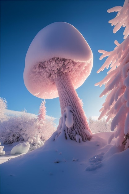 Champignon assis au sommet d'un arbre couvert de neige ai générative