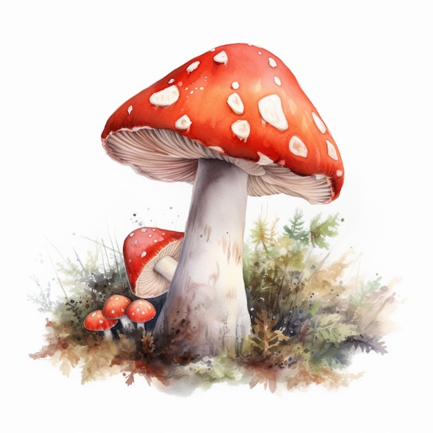 Un champignon avec un chapeau rouge et un coeur blanc dessus. illustration aquarelle.