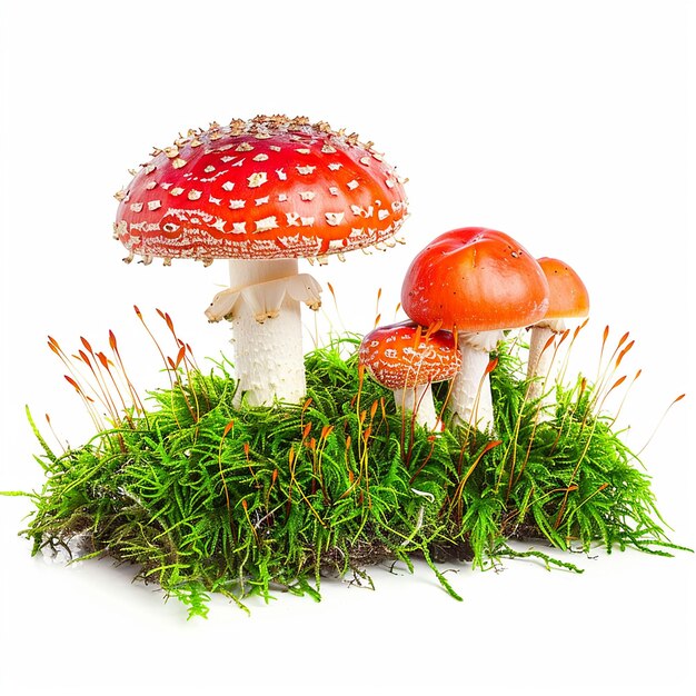 Photo un champignon avec un chapeau rouge est assis dans l'herbe avec un champignon dessus